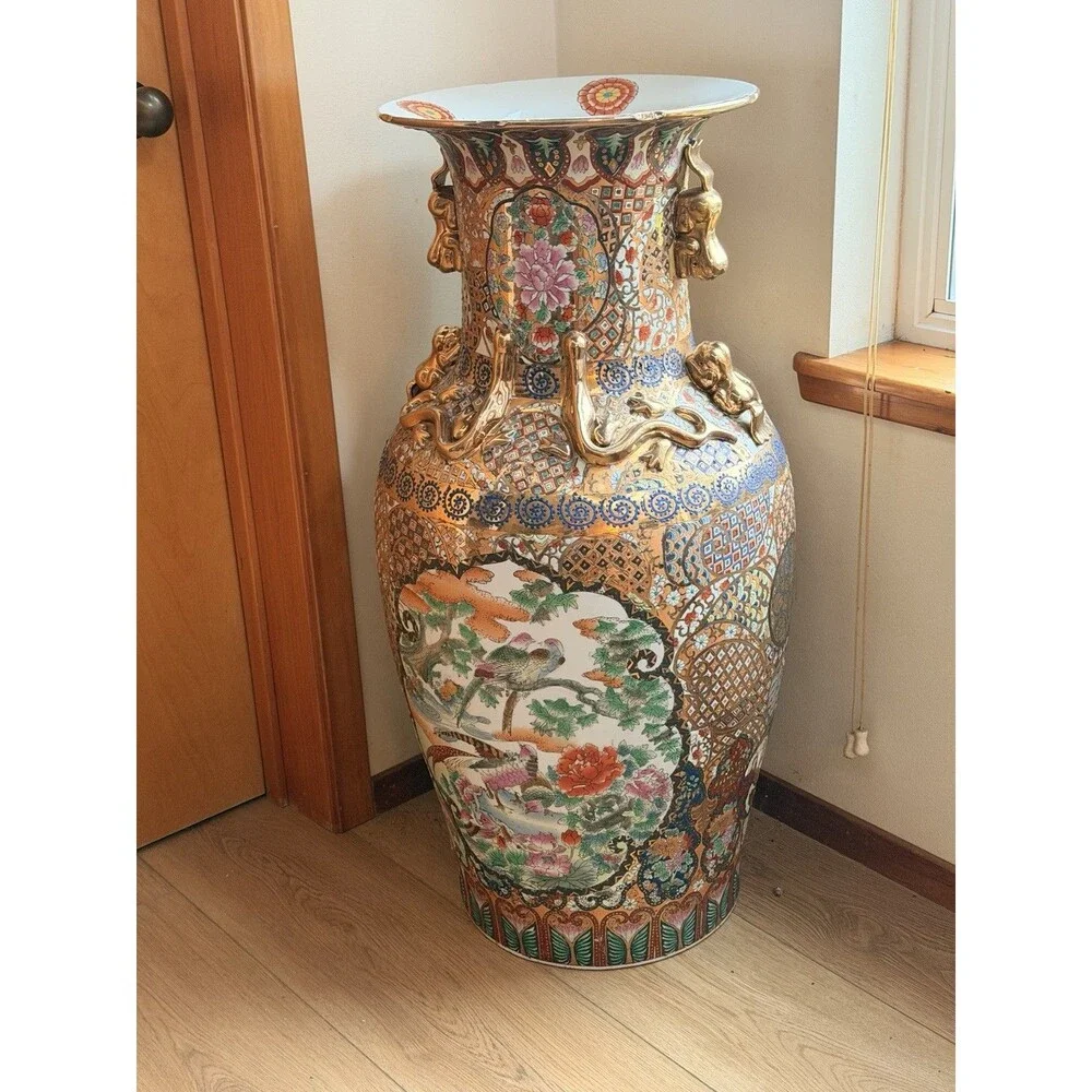 Antique Huge Vintage Japanese Porcelain Hand Painted Floor Vases 36